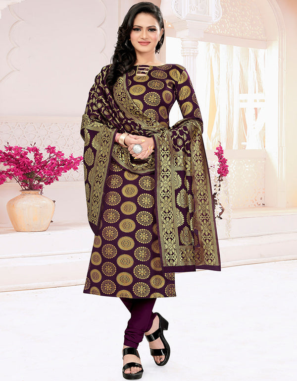 Traditional Party Wear Heavy Salwar Suit Purple Banarasi Silk Pant Straight Front View